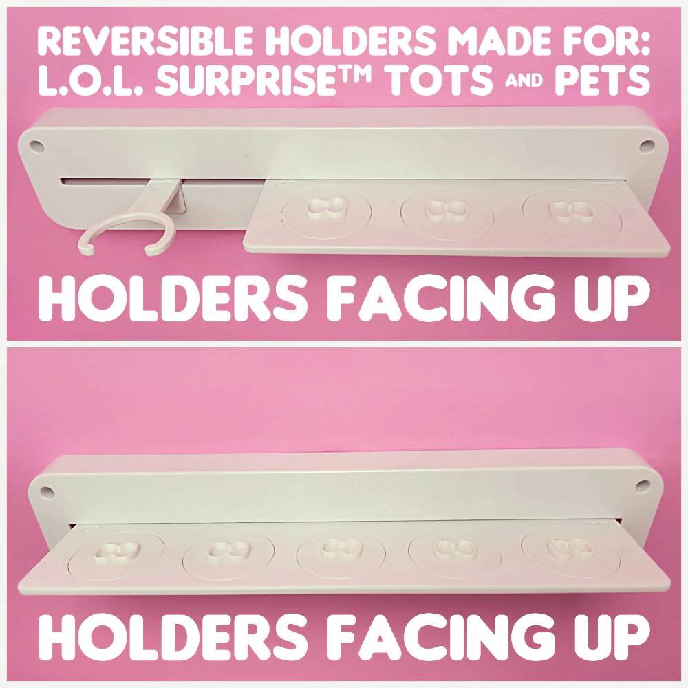 MIXED SET #2 - 3 Customizable Display Shelves ABS Plastic (1 Short & 1 Long Ledge, 8 Reversible Holders, 7 Doll Hooks) - Image 4