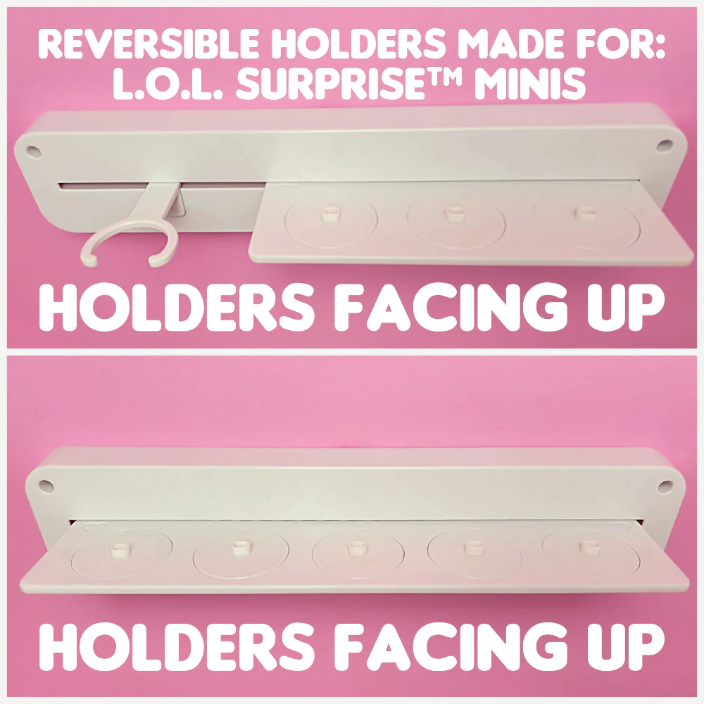 MIXED SET #2 - 3 Customizable Display Shelves ABS Plastic (1 Short & 1 Long Ledge, 8 Reversible Holders, 7 Doll Hooks) - Image 9