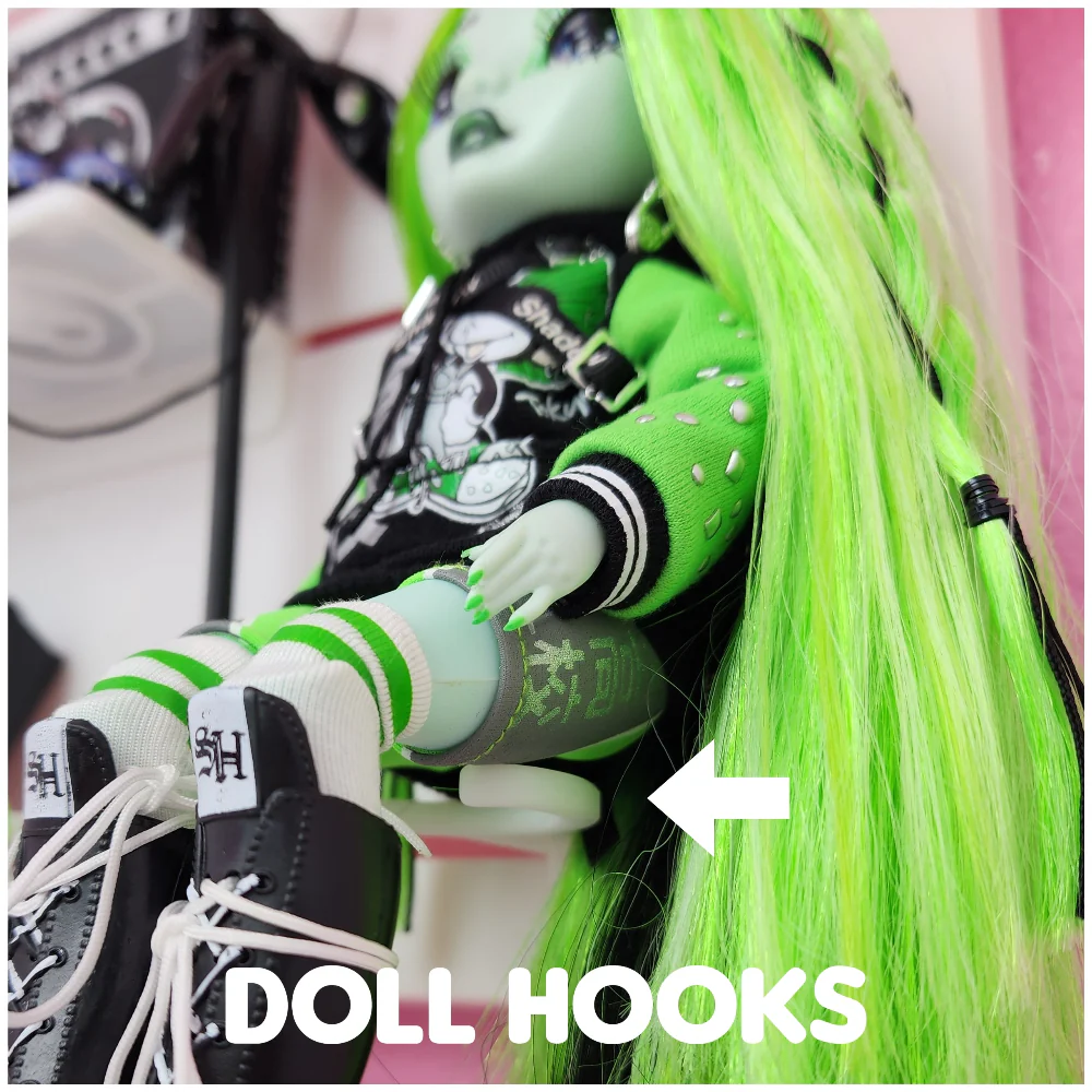 MIXED SET #1 - 3 Customizable Display Shelves ABS Plastic (3 Short Ledges, 9 Reversible Holders, 6 Doll Hooks) - Image 13