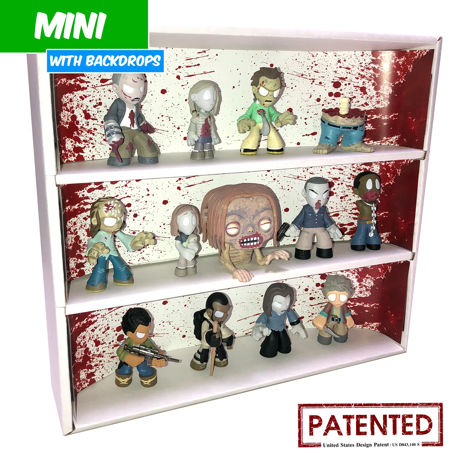 **DISCONTINUED** BLOODY - MINI Display Case for Small Toys with 3 Backdrop Inserts, Corrugated Cardboard