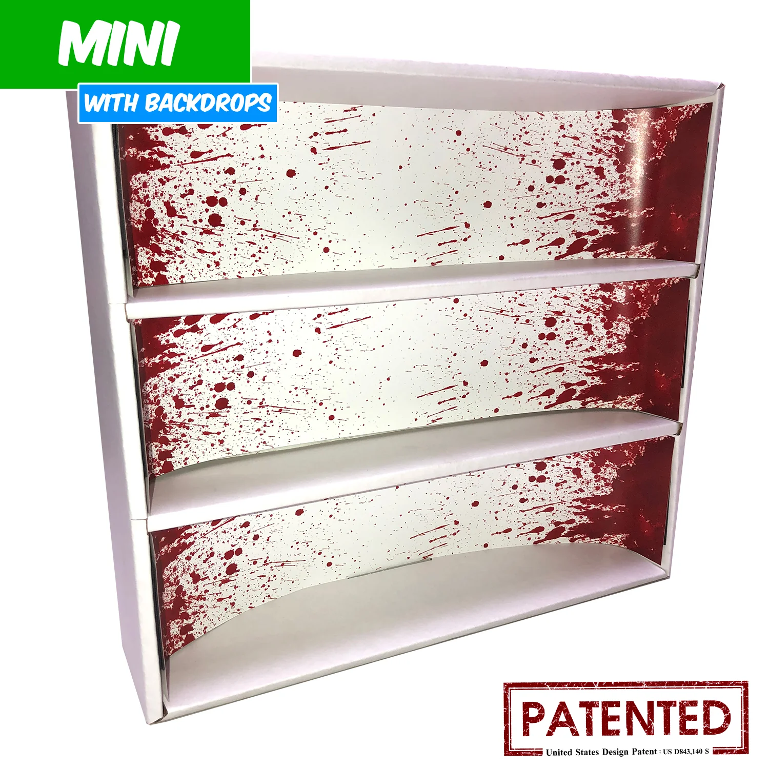 **DISCONTINUED** BLOODY - MINI Display Case for Small Toys with 3 Backdrop Inserts, Corrugated Cardboard - Image 2