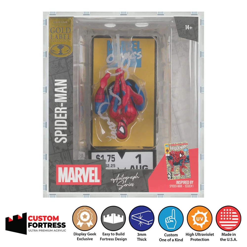 Custom Acrylic Hard Case for MCFARLANE TOYS SPIDER-MAN AUTOGRAPH SERIES GOLD LABEL (3mm thick, UV Resistant) Fits 8.8h x 7.5w x 5.6d