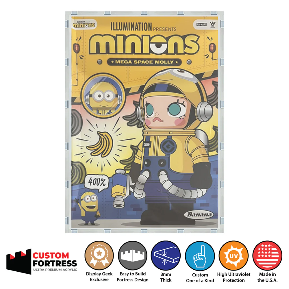 Custom Acrylic Hard Case for MEGA SPACE MOLLY 400% MINIONS BANANA Pop Mart Figure Box (3mm thick, UV Resistant) Fits 13.3h x 9.25w x 6.9d