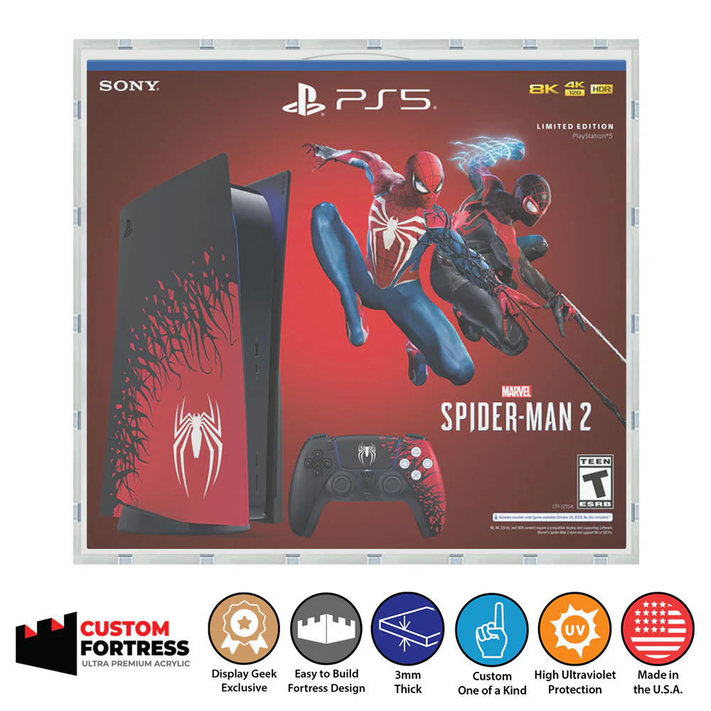 Custom Acrylic Hard Case for PS5 CONSOLE SPIDER-MAN 2 Video Game Console (3mm thick, UV Resistant) Fits 16.75h x 18.5w x 6.75d