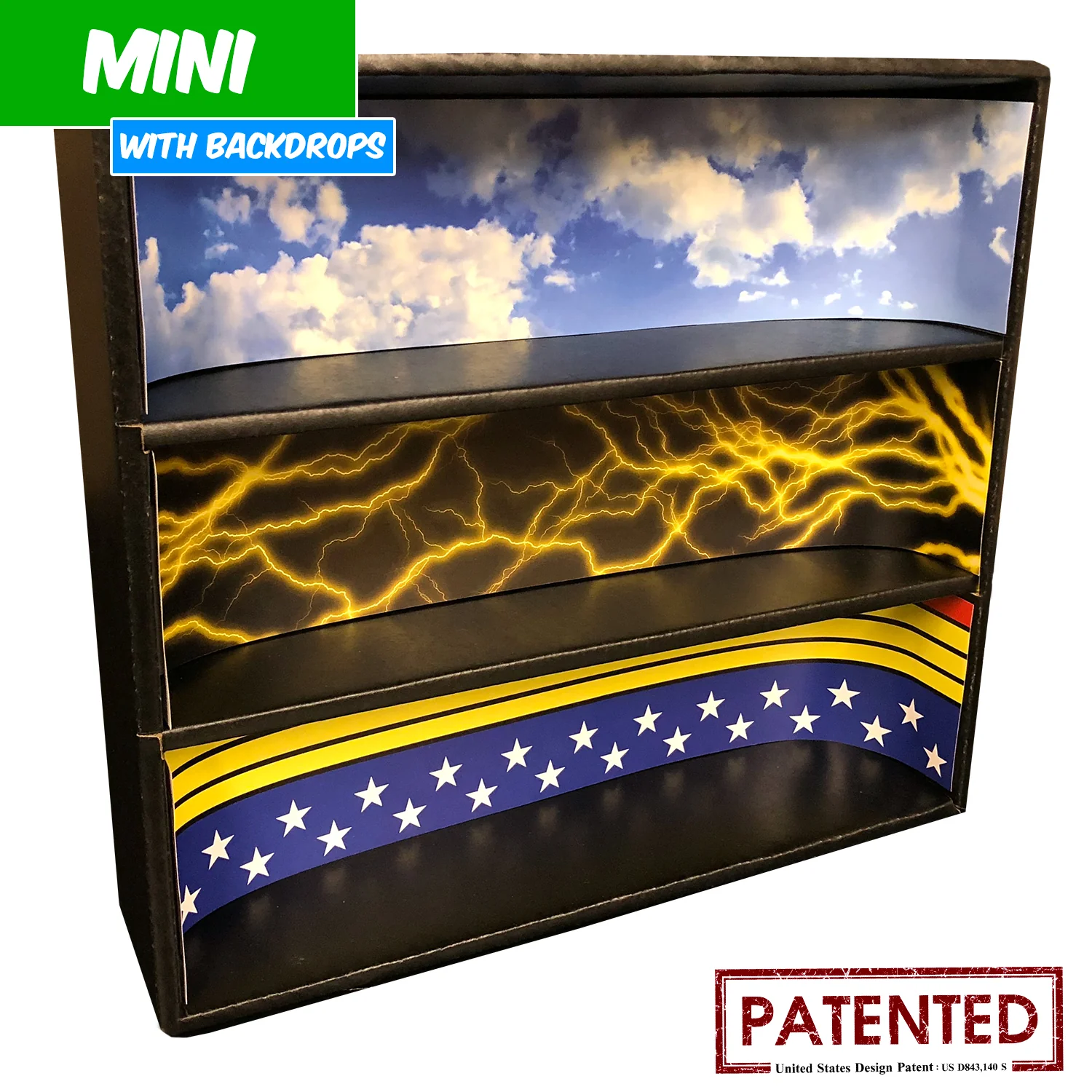 **DISCONTINUED** DC COMICS - MINI Display Case for Small Toys with 3 Backdrop Inserts, Corrugated Cardboard