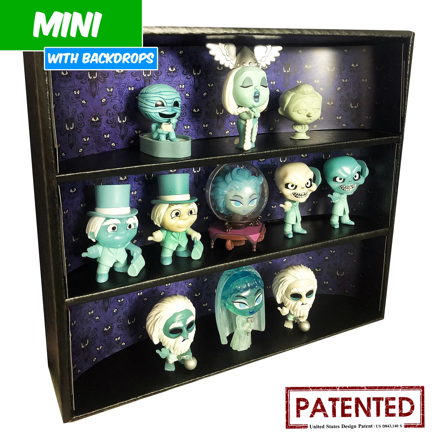 **DISCONTINUED** HAUNTED MANSION - MINI Display Case for Small Toys with 3 Backdrop Inserts, Corrugated Cardboard