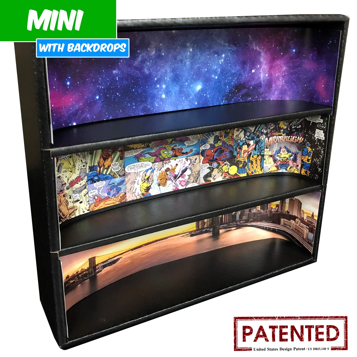 **DISCONTINUED** MARVEL - MINI Display Case for Small Toys with 3 Backdrop Inserts, Corrugated Cardboard