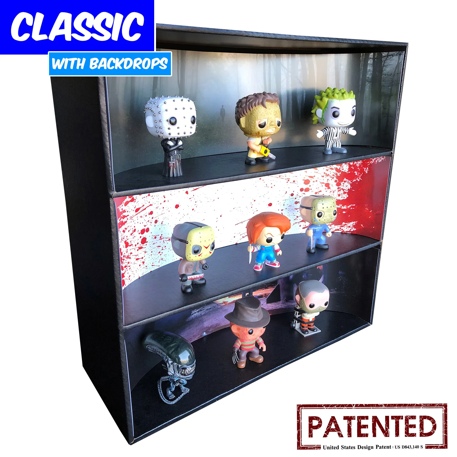 **DISCONTINUED** HORROR - Display Case for Funko Pops with 3 Backdrop Inserts, Corrugated Cardboard