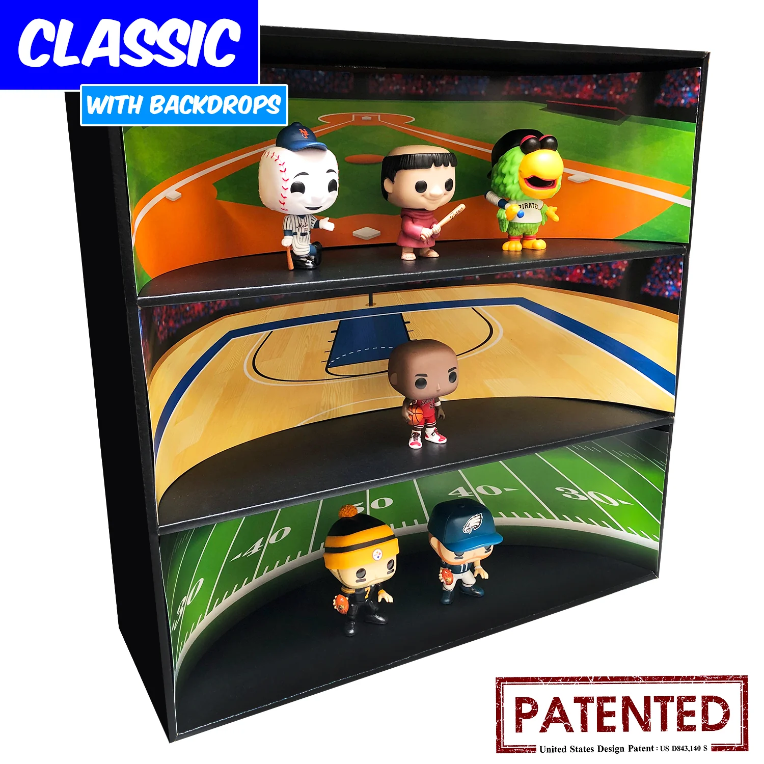 **DISCONTINUED** SPORTS - Display Case for Funko Pops with 4 Backdrop Inserts, Corrugated Cardboard
