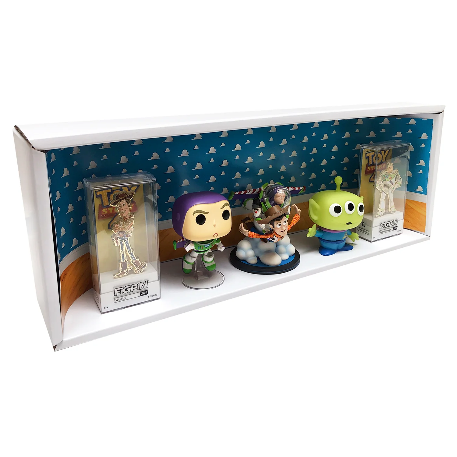 TOY STORY - Single Row Display Case with Backdrop Insert, Wall Mountable & Stackable Pop Shelf, Corrugated Cardboard