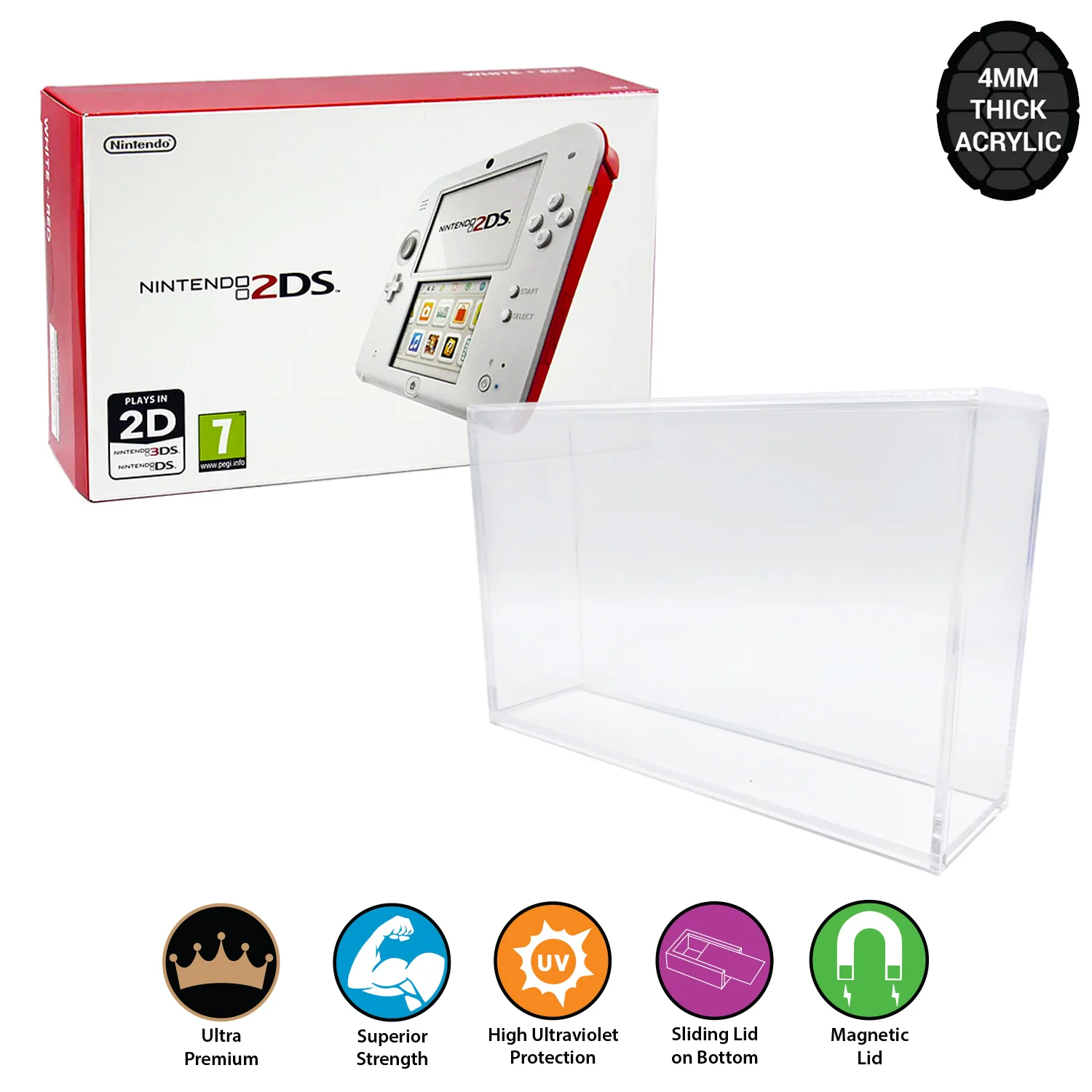 Acrylic Hard Case for NINTENDO 2DS Video Game Console Box (4mm thick, UV & Slide Bottom)